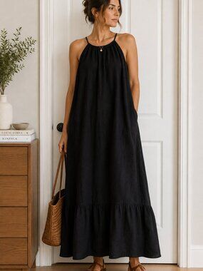 Crown Linen Black 100% Linen Maxi Dress L Oversized Lagenlook Minimalist ✨
